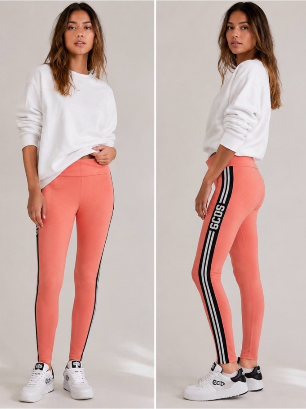 GCDS Coral Pink Side Stripe Logo Leggings Stretch Athleisure Pants Made in Italy